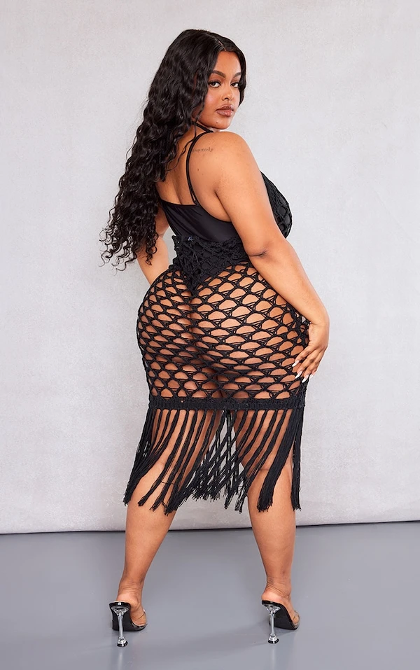 Plus Robe De Plage En Maille Tricot Noire Détail Franges à Dos Nu 2 Plus Robe De Plage En Maille Tricot Noire Détail Franges à Dos Nu – Image 2