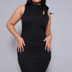 Plus Robe Moulante Côtelée Noire à Col Montant Et Découpes