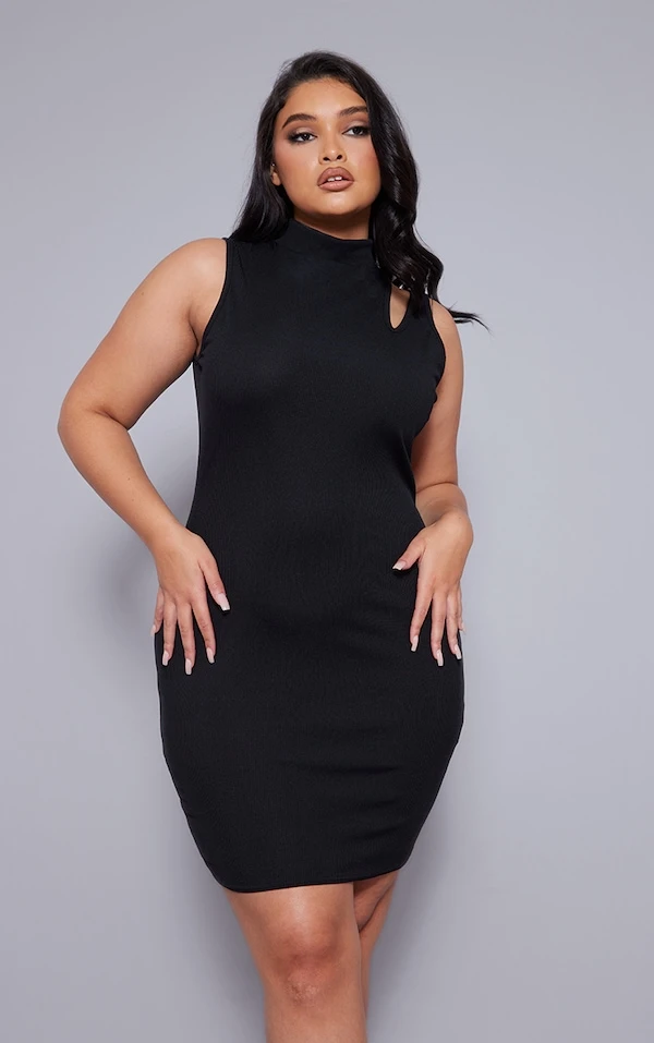 Plus Robe Moulante Côtelée Noire à Col Montant Et Découpes 1 Plus Robe Moulante Côtelée Noire à Col Montant Et Découpes