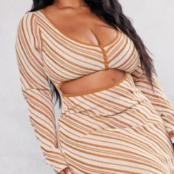 Plus Robe Mi-longue Marron Découpée à Rayures -Promos Jupe Éthérée Boutique bab50f44f091d46b08b86ad60d06f1df9e426589 cnc7354 4