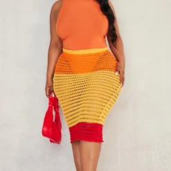 Plus Robe Mi-longue En Maille Tricot Orange à Rayures