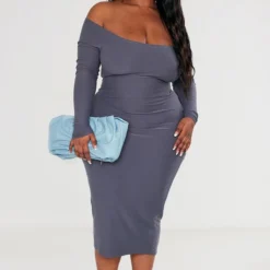 Plus Robe Moulante Gris Anthracite Douce à Col Bardot