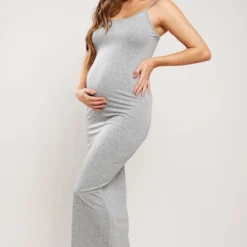 Logic Maternité Robe De Grossesse Longue En Jersey Gris Chiné à Bretelles