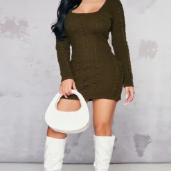 Petite Robe Pull En Maille Torsadée Kaki