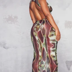 Shape Robe Longue Sans Manches En Mesh Transparent Découpé Kaki Imprimé Reptile