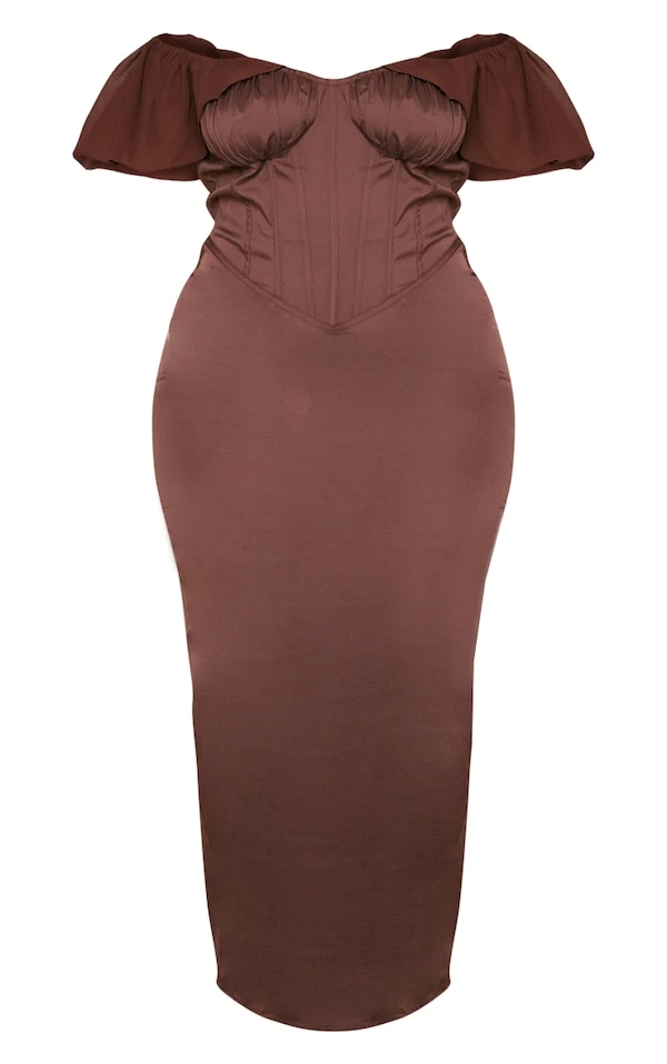 Plus Robe-corset Mi-longue Chocolat à Manches Drapées 5 Plus Robe-corset Mi-longue Chocolat à Manches Drapées – Image 5