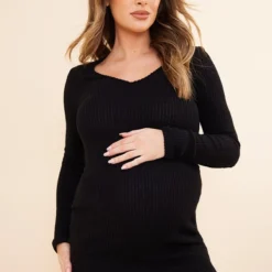 Maternité Robe De Grossesse Moulante Noire En Maille Côtelée Brossée à Décolleté