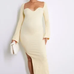 Maternité Robe De Grossesse Côtelée Crème à Manches Longues Détail Contours