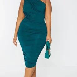 Plus Robe Moulante Longue Vert émeraude Froncée à épaule Unique