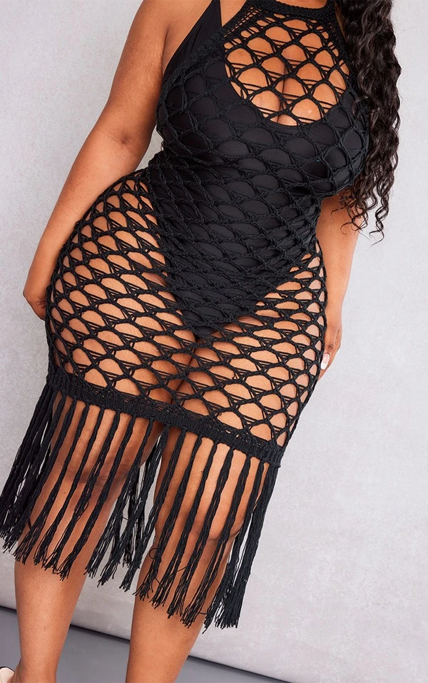 Plus Robe De Plage En Maille Tricot Noire Détail Franges à Dos Nu 4 Plus Robe De Plage En Maille Tricot Noire Détail Franges à Dos Nu – Image 4