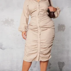 Plus Robe Chemise Mi-longue Gris Pierre En Popeline Froncée à L'avant