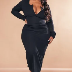 Plus Robe Mi-longue Texturée Noire à Boutons