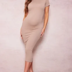 Maternité Robe De Grossesse Mi-longue Côtelée Gris Pierre Détail Contours à Manches Courtes -Promos Jupe Éthérée Boutique cc148445fd6cbc35b3ffbcbc6e694fa03143e905 cnd7244 3