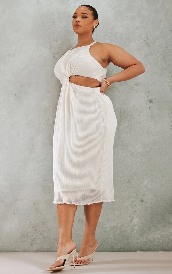 Plus Robe Mi-longue Plissée Crème à Détail Noeud 3 Plus Robe Mi-longue Plissée Crème à Détail Noeud – Image 3