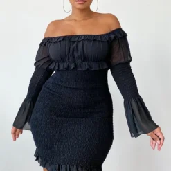 Plus Robe Moulante En Mousseline De Soie Noire Effet Froncé