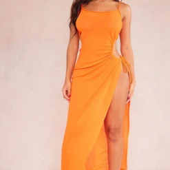 Shape Robe Longue En Mesh Transparent Orange à Découpes Sur Les Côtés