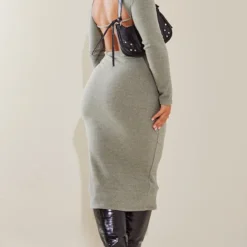 Shape Robe Mi-longue Côtelée Dos Nu Vert Olive Foncé à Manches Longues