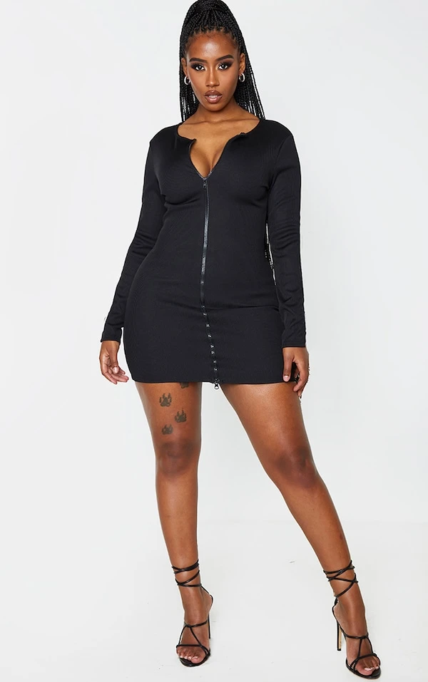 Shape Robe Moulante Manches Longues Zippée Noire En Maille Côtelée Large 4 Shape Robe Moulante Manches Longues Zippée Noire En Maille Côtelée Large – Image 4