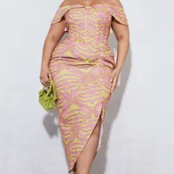 Plus Robe Mi-longue Imprimé Zébré Vert Citron Froncée Sur Le Côté