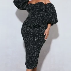 Plus Robe Bustier Mi-longue Noire à Pois Et Manches Bouffantes