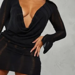 Shape Robe Moulante Noire En Maille Tricot Ajourée à Manches Flare Et Col Bénitier -Promos Jupe Éthérée Boutique d5a41ce9ed24dee4feb0a3e9b329d7bc2fc18dec cnb1174 4