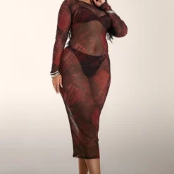 Plus Robe Longue En Mesh Bordeaux Imprimé Jean