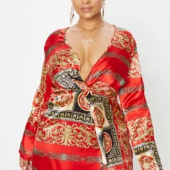 Plus - Robe Cache-coeur Rouge à Imprimé Satinée à Manches Longues Torsadée