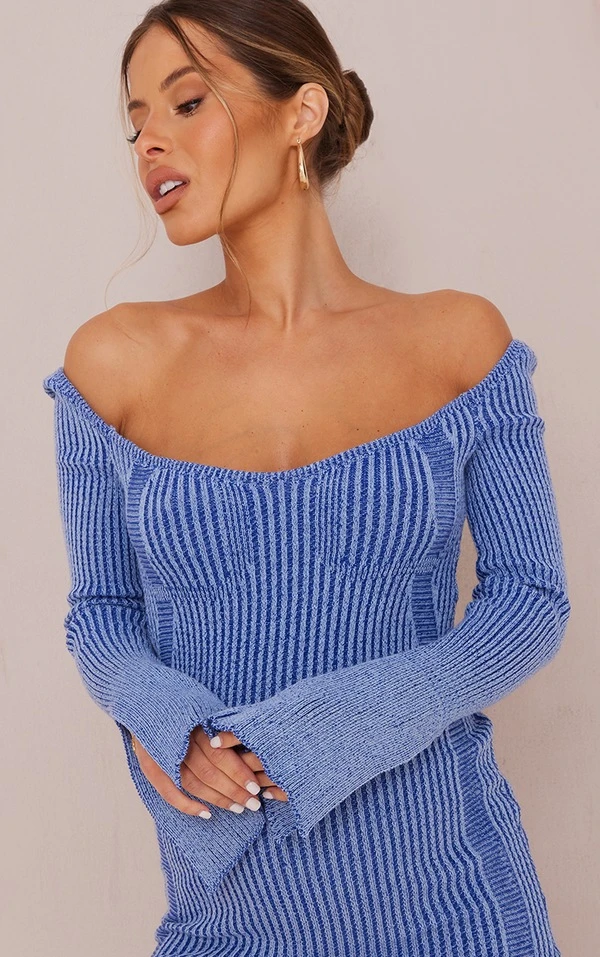 Maternité Robe Corset De Grossesse En Maille Tricot Contrastantée Bleue 4 Maternité Robe Corset De Grossesse En Maille Tricot Contrastantée Bleue – Image 4