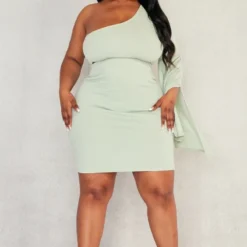 Plus Robe Asymétrique Moulante Crêpée Vert Sauge