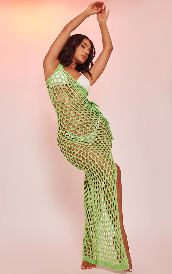 Petite Robe Longue Fendue En Maille Tricot Ajourée Vert Vif à Côté Noué 1 Petite Robe Longue Fendue En Maille Tricot Ajourée Vert Vif à Côté Noué