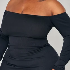 Logic Plus Robe Moulante Noire Côtelée à Col Bardot Et Manches Longues -Promos Jupe Éthérée Boutique da95a322a44c7569368f9a3304446f42d3a0f08b cnb7003 4