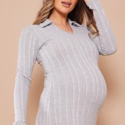 Maternité Robe De Grossesse Longue Côtelée Gris Clair à Col -Promos Jupe Éthérée Boutique dac8261876522e53110f2af491cd29d1ca13e13c cnd3129 4