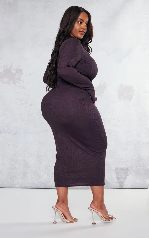 Plus Robe Mi-longue Chocolat à Manches Longues Et Ourlet Légèrement Volanté 2 Plus Robe Mi-longue Chocolat à Manches Longues Et Ourlet Légèrement Volanté – Image 2