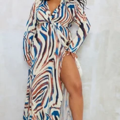 Plus Robe Longue Gris Pierre Imprimé Zèbre à Torsade