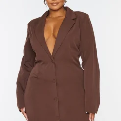 Plus Robe Blazer Chocolat à Manches Longues