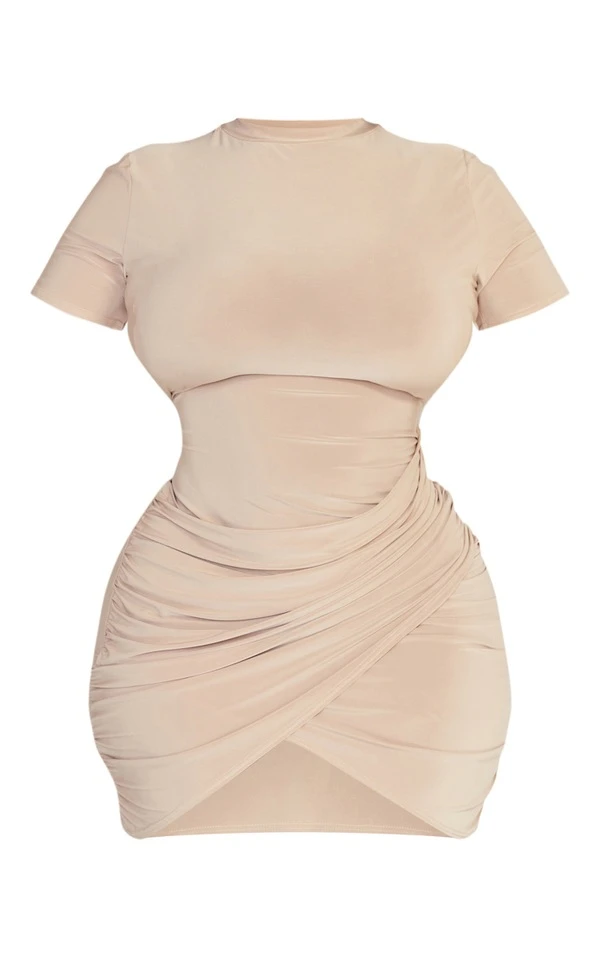 Plus Robe Moulante Taupe Manches Courtes Jupe Portefeuille 5 Plus Robe Moulante Taupe Manches Courtes Jupe Portefeuille – Image 5