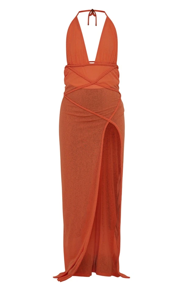Plus Robe De Plage Longue Fendue Orange Décolletée à Détail Tressé 5 Plus Robe De Plage Longue Fendue Orange Décolletée à Détail Tressé – Image 5