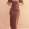 Plus Robe Mi-longue Chocolat à Manche Bouffantes
