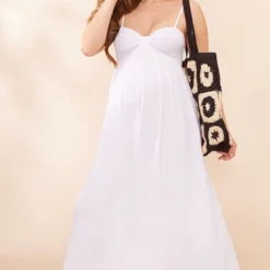 Maternité Robe De Grossesse Longue Blanche En étamine à Bretelles Et Détail Bonnets