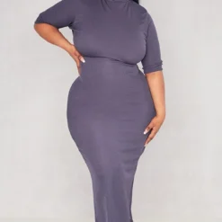 Plus Robe Mi-longue Côtelée Gris Anthracite à Col Montant Et Demi-manches