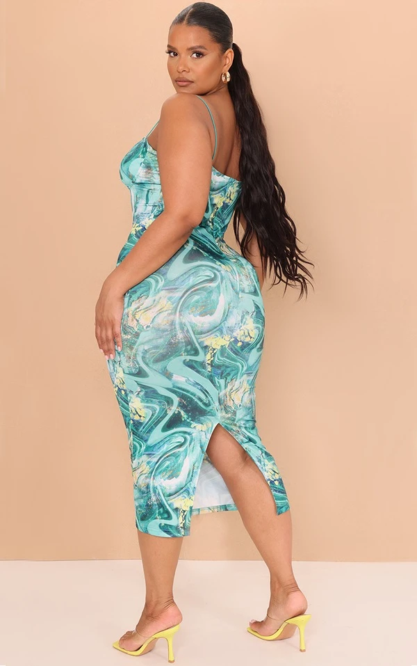 Plus Robe Mi-longue Côtelée Froncée Verte Imprimé Tourbillon à Bonnets 2 Plus Robe Mi-longue Côtelée Froncée Verte Imprimé Tourbillon à Bonnets – Image 2