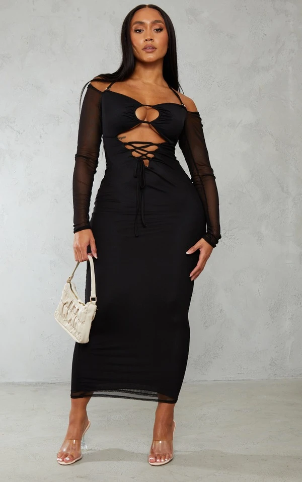 Shape Robe Longue Noire En Mesh Froncé à Col Bardot Et Manches évasées 3 Shape Robe Longue Noire En Mesh Froncé à Col Bardot Et Manches évasées – Image 3