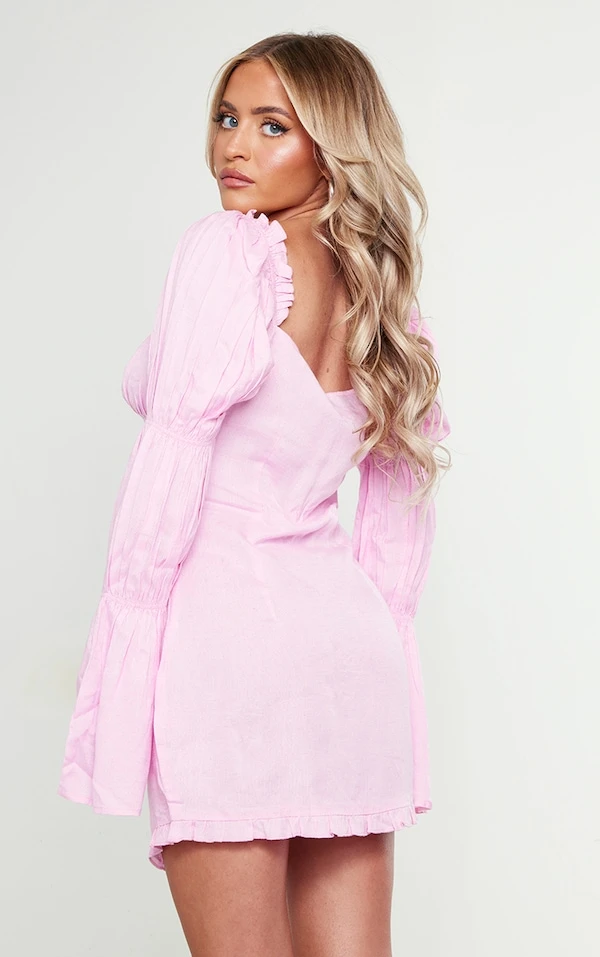 Petite Mini Robe Effet Lin Rose Bonbon Découpée Devant 2 Petite Mini Robe Effet Lin Rose Bonbon Découpée Devant – Image 2