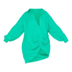 Plus Robe Chemise Texturée Verte à Détail Drapé Et Manches Longues -Promos Jupe Éthérée Boutique e4e8aeddb243ae68c74e636a74cc57843457d5c6 cmu4915 6