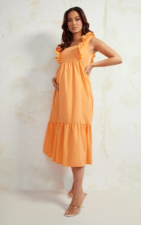Maternité Robe Longue De Grossesse Orange Volantée Sans Manches 3 Maternité Robe Longue De Grossesse Orange Volantée Sans Manches – Image 3