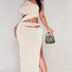 Shape Robe Moulante Longue Gris Pierre à Découpes Et Fente