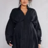 Plus Robe Chemise Oversize En Maille Tissée Noire à Détail Plissé Et Boutons