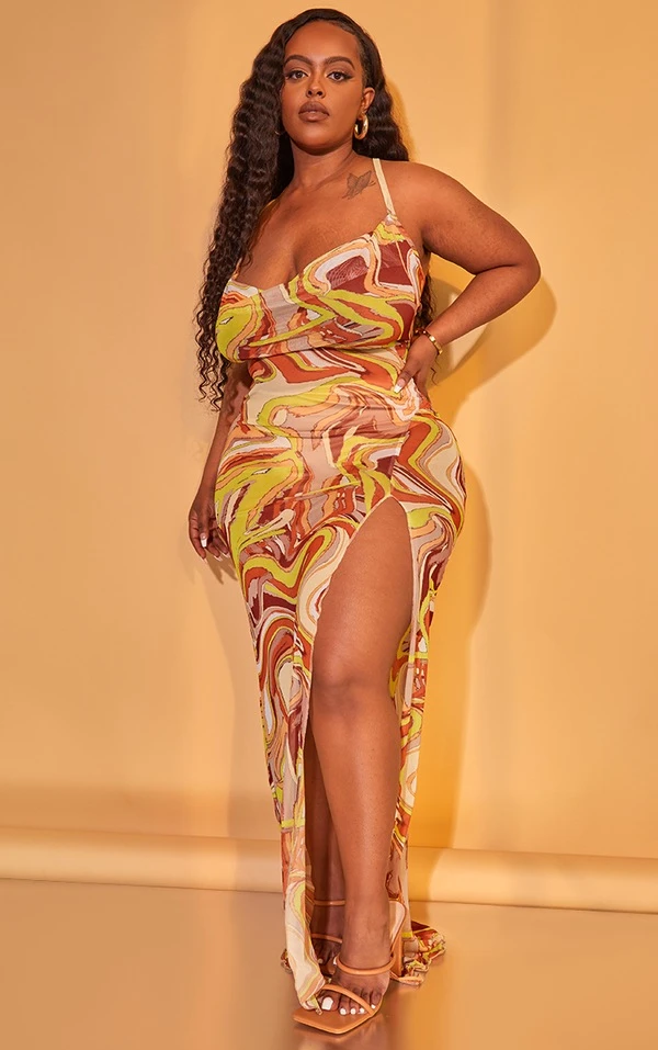 Plus Robe Longue Imprimé Abstrait Marron En Mesh 3 Plus Robe Longue Imprimé Abstrait Marron En Mesh – Image 3