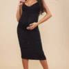 Maternité Robe Moulante Mi-longue Décolletée En Jersey Noir Froncée à Détail Contours