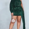 Plus Robe Moulante Asymétrique En Sequins Vert émeraude Effet Drapé